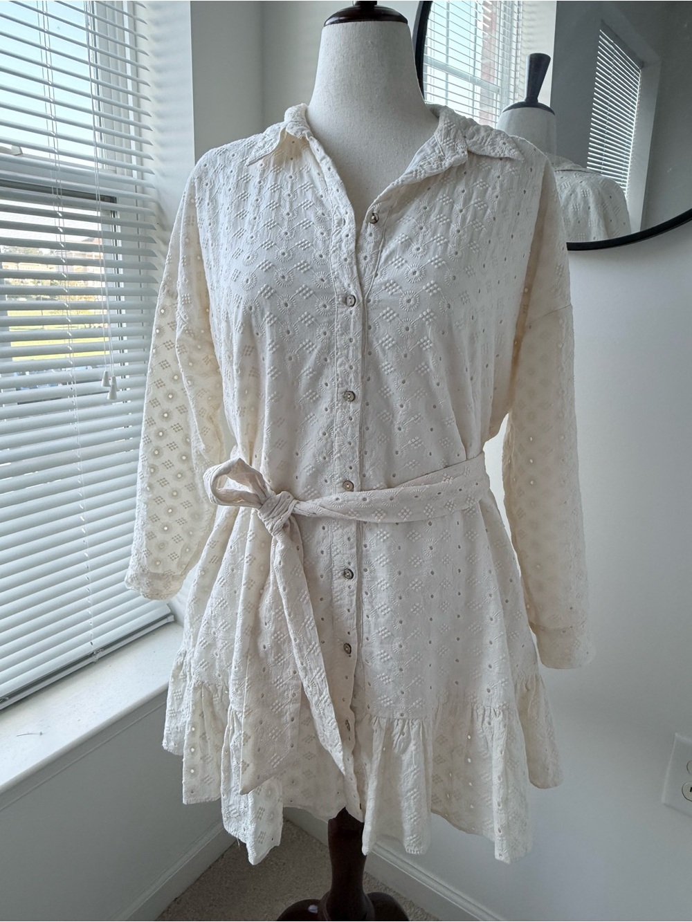 Zara Cream Eyelet Button-Front Belted Mini Dress
